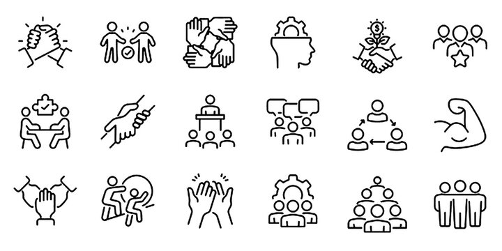 Partnership Icon Set. including agreement, plan, teamwork, synergy, success and win-win solution, cooperative and more. Editable stroke. Vector illustration.