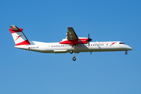Austrian Airlines Bombardier Dash-8 Q400 (OE-LGK) on landing approach at Vienna Airport on May 13, 2018 in Vienna, Austria