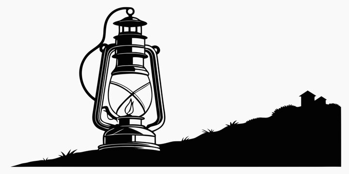 Black vintage lantern silhouette on white background, isolated black lantern black and white