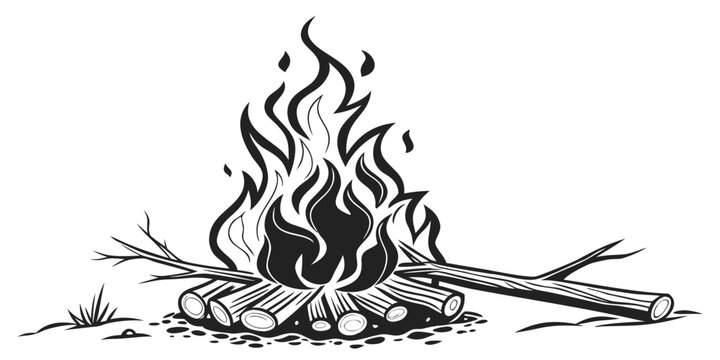 Campfire flames silhouette against white background, black