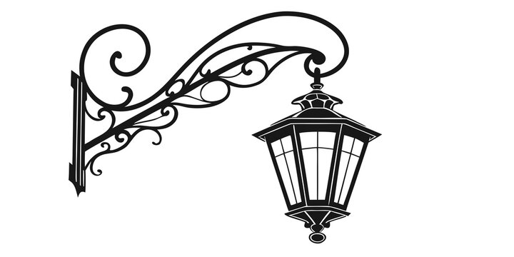 Black vintage ornate scrollwork lantern hanging from decorative bracket black lantern