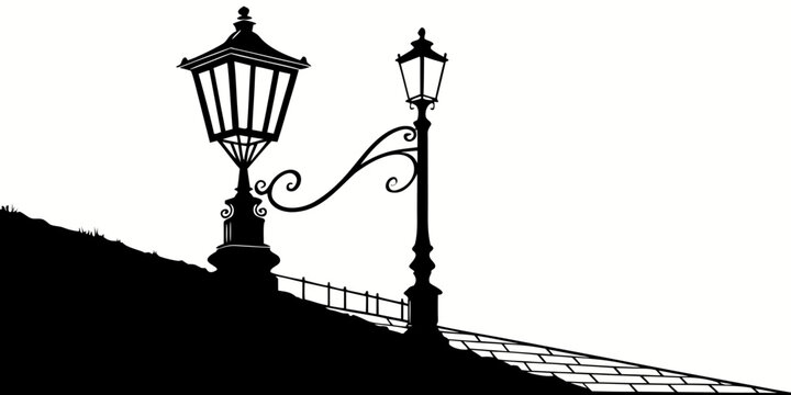 Black vintage ornate lanterns on decorative street lamp posts, isolated black lanterns