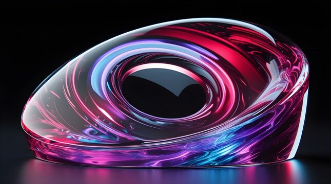 Abstract glossy toroidal shape with vibrant neon light swirls and reflections on a dark background, creating a dynamic effect.