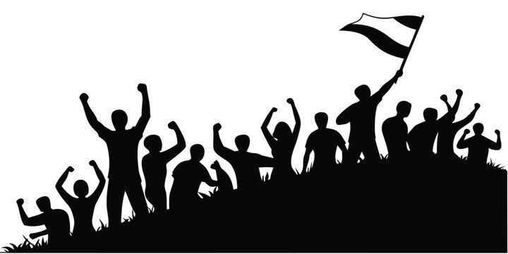 Cheering crowd silhouette celebrating victory with trophy raised hands celebration