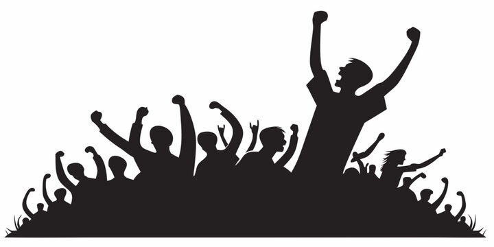 Cheering crowd silhouette celebrating with raised hands, black and white black silhouette