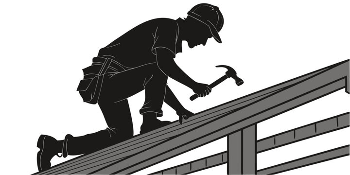 Carpenter silhouette working on wooden roof beams, black and white