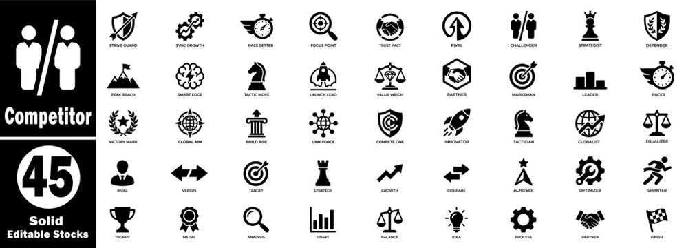 Competitor vector icons set in solid style, editable stocks collection. Vector Illustration.