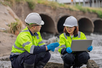 Fototapeta premium Environmental engineers collecting water samples for laboratory analysis and quality control monitoring near industrial drainage pipes to ensure safety and ecological sustainability standards.