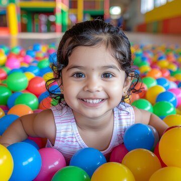 Happy child playing with colorful plastic balls.