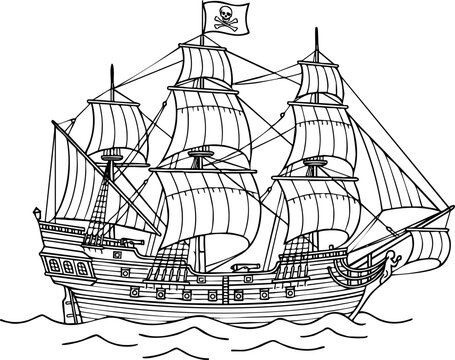 Vintage style pirate ship with jolly roger flag sailing on ocean waves sea faring nautical