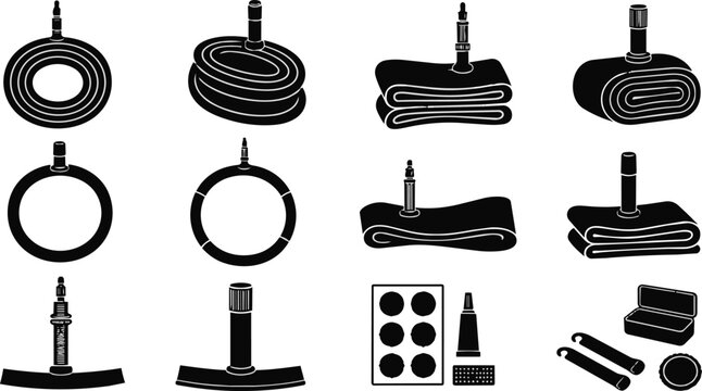 Bicycle Inner Tubes Puncture Repair Kit Valves Black Silhouette Icons