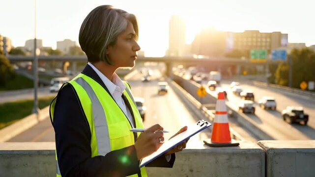 Female traffic engineer in safety vest writes notes on clipboard near highway bridge. Inspector observes busy road traffic at sunset. Woman worker checks freeway with cone and city skyline behind.