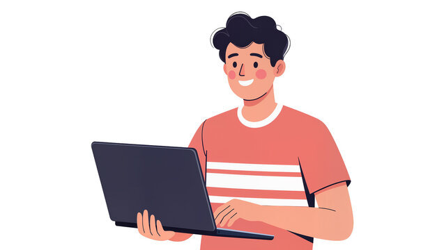 Isolated happy young man working on laptop, digital communication and technology concept
