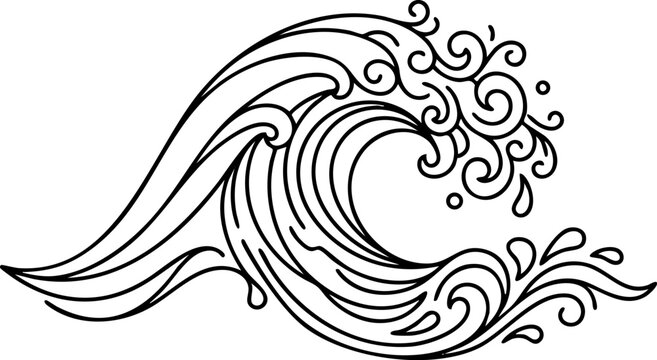 Swirling ocean wave outline illustration with crashing monochrome illustration stylized creative