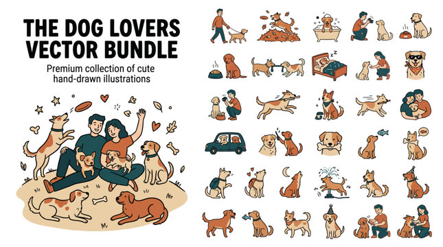Dog lovers vector bundle, hand-drawn cute dog illustrations set, pet ownership lifestyle icons, puppy care and training graphics for pet branding
