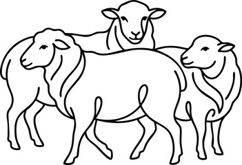 Three stylized sheep standing together line art illustration with livestock wildlife agriculture © ROP