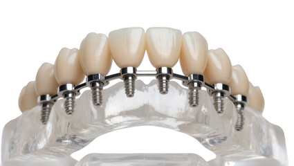 Isolated complete dental implant model featuring prosthetic teeth on a transparent gum arch © Gabriel