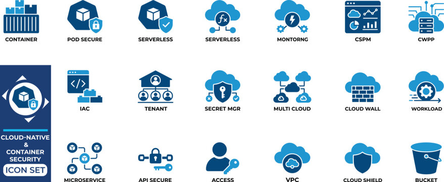 Cloud native and container security icons for software infrastructure protection with devsecops elements.