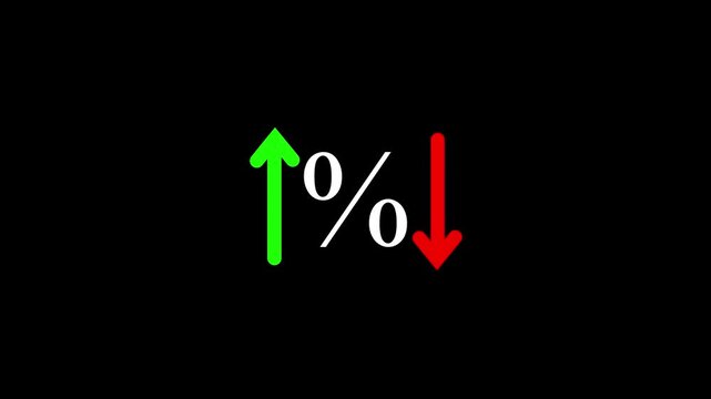 Percentage Up and Down Arrow Icon Animation on Black Background. Profit, Loss, Price Change, Financial Growth and Decline Symbol Motion Graphics. 4K Video. Price Increase and Decrease Percentage Icon.