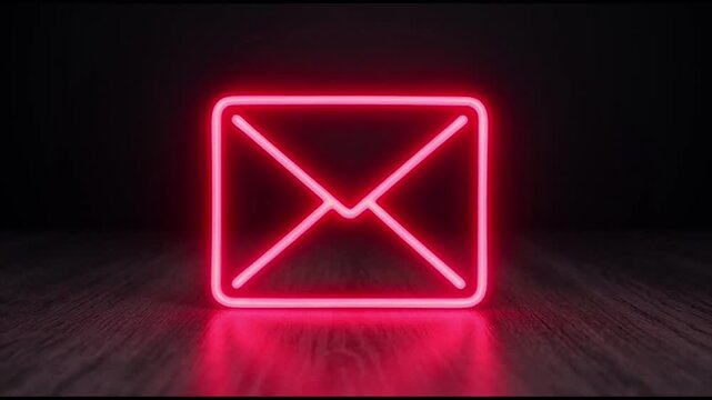 Neon glowing envelope icon on a reflective black surface emphasizing communication and digital messaging in modern design.