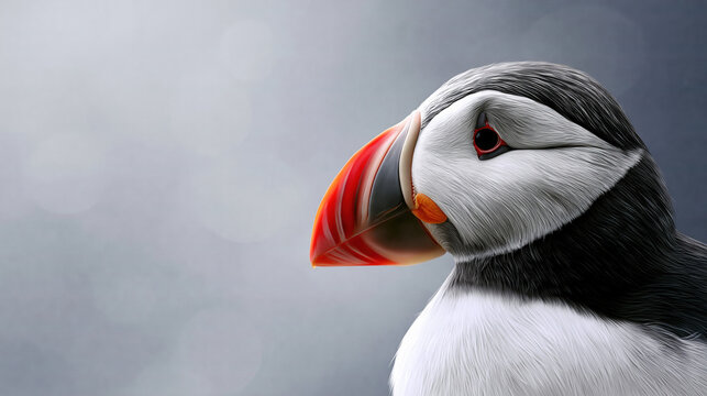 Close-up of a puffin with vibrant beak in natural setting