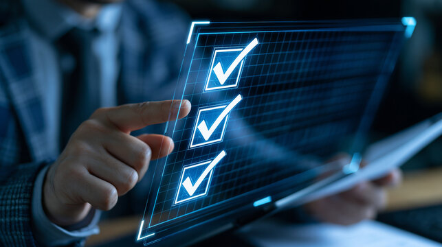 Faceless man using a futuristic interface to check off tasks on a digital checklist while reviewing documents, productivity technology concept, with copy space