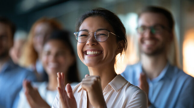 Happy diverse office team celebrating a shared professional achievement, workplace success, corporate morale concept, with copy space