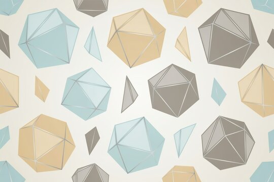 Seamless pattern featuring geometric polyhedral shapes in soft blue, beige, and grey colors arranged on a light neutral background surface
