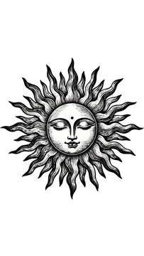 Isolated celestial sun illustration with tranquil closed-eye face, vintage style etching graphic art
