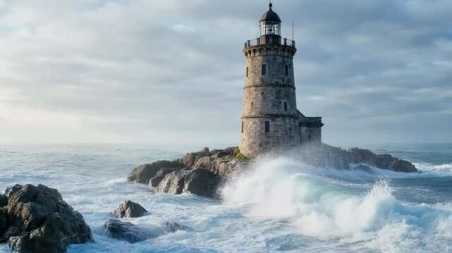 Stone lighthouse on rocky island. Ocean waves crashing against a coastal beacon tower.