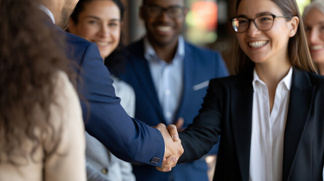 Diverse group of professionals shaking hands and greeting each other warmly, workplace inclusivity, corporate teamwork concept, with copy space
