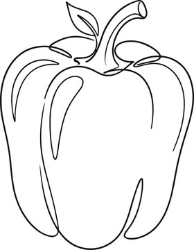 Minimalist bell pepper black line art vector illustration isolated on white background, continuous outline sweet paprika vegetable icon for healthy cooking coloring page design.