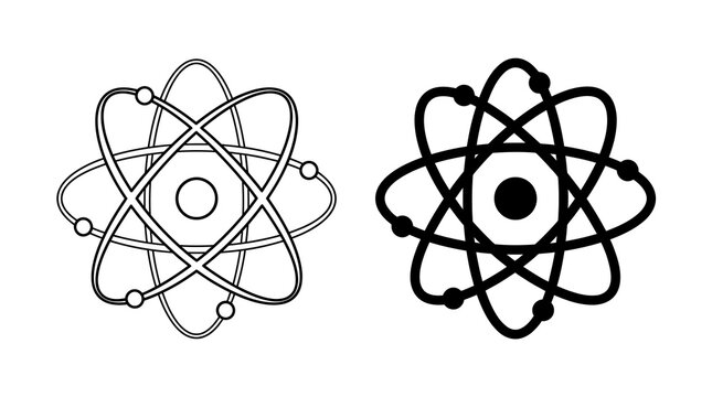 Atomic structure illustration black and white line art depicting electron orbitals and nucleus