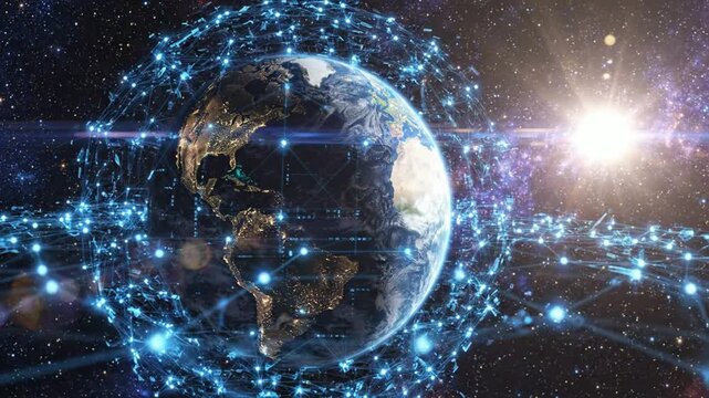 Global digital network connection: earth surrounded by glowing data links and satellite communication technology in deep space