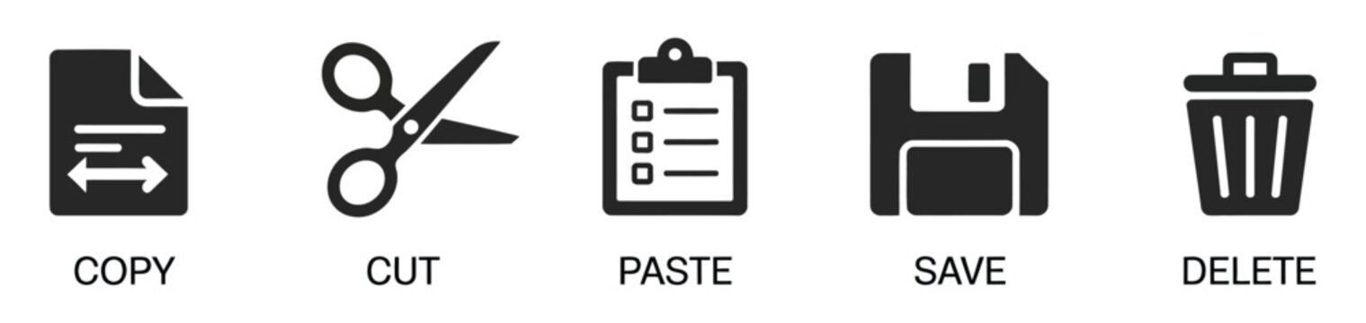 Data Management Icons with Copy, Cut, Paste, Save, Delete, File Organization, and Digital Workflow Interface Elements