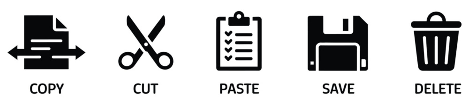 Data Management Icons Featuring Copy, Cut, Paste, Save, Delete, File Operations, and Digital System Interface Symbols