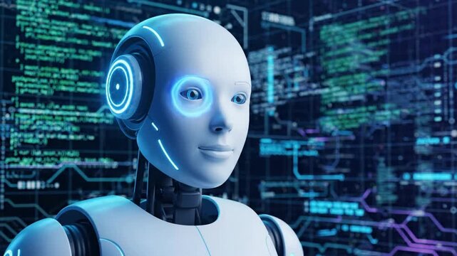 Futuristic ai robot head with glowing digital interface and data streams for technology and artificial intelligence concepts