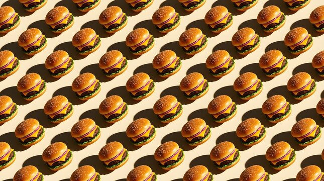Minimalist cheeseburger pattern on beige background, repetitive fast food burger sequence, isometric pop art style beef hamburger wallpaper