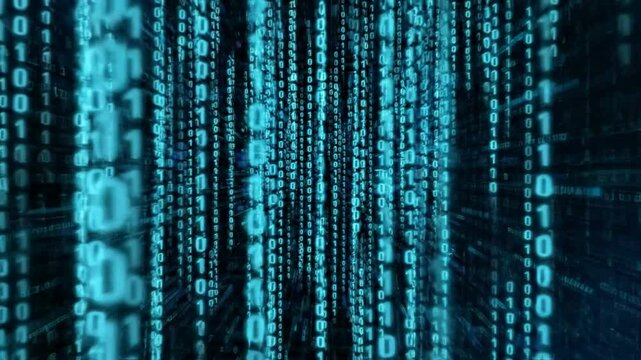 Digital matrix binary code rain background, abstract technology data stream animation, cyber security and programming concept, blue tech motion
