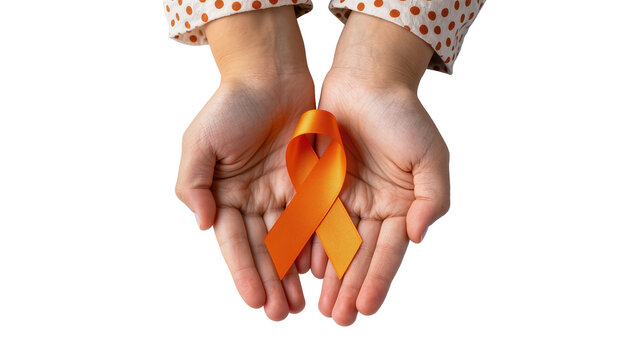 Isolated human hands cupped together holding an orange awareness ribbon for various causes