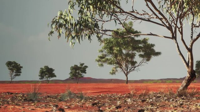 Several trees grow in a flat area marked by red soil. The space is open with few plants scattered around. The sky shows clear weather with minimal clouds.