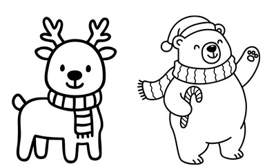 Charming black and white illustration of a reindeer and bear wearing scarves and. © ANTOR