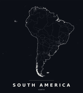 South America Map on Black, White Continent Lines, Editable Vector