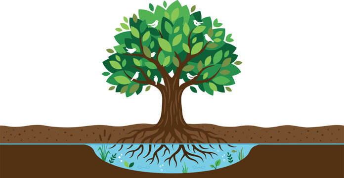 Green tree with roots absorbing underground groundwater vector illustration isolated on white background, soil layers and water table infographic diagram for biology science design.