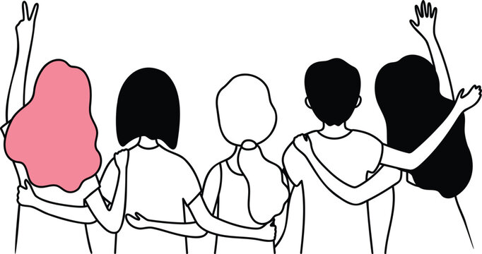 Group of diverse friends standing together with arms around shoulders looking back illustration on transparent background.