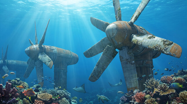 Giant tidal power turbines spin gracefully in a clear blue ocean current. The underwater technology harnesses the natural movement of tides to produce clean green energy.
