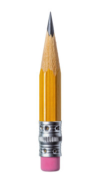 Isolated short yellow pencil with pink eraser and sharp graphite tip, school stationery supply