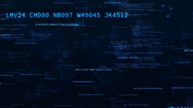 Global programming data interface visual blue map outlines, floating code blocks, and dark digital atmosphere. Perfect for software videos, cybersecurity intros, analytics dashboards, and overlays.