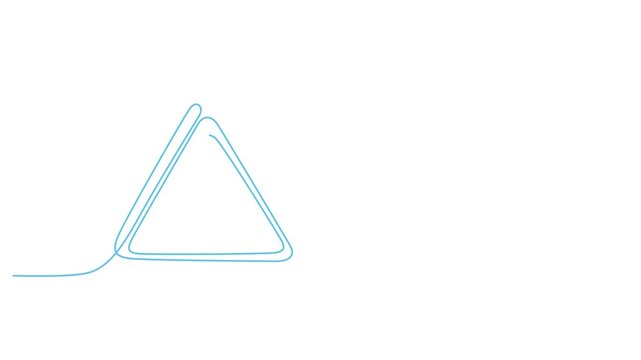 Continuous line drawing of warning sign with exclamation mark, blue minimalist alert icon vector, simple outline of hazard notification symbol 4k video