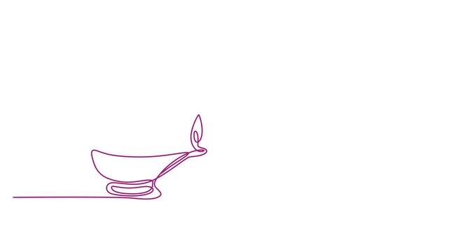 Minimalist oil lamp continuous line art, vintage kerosene lantern vector illustration, purple outline of antique magic lamp for ramadan and diwali 4k video